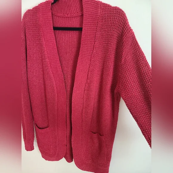 Burgundy Open Front Medium Weight Cardigan with Pockets - Picture 4 of 7